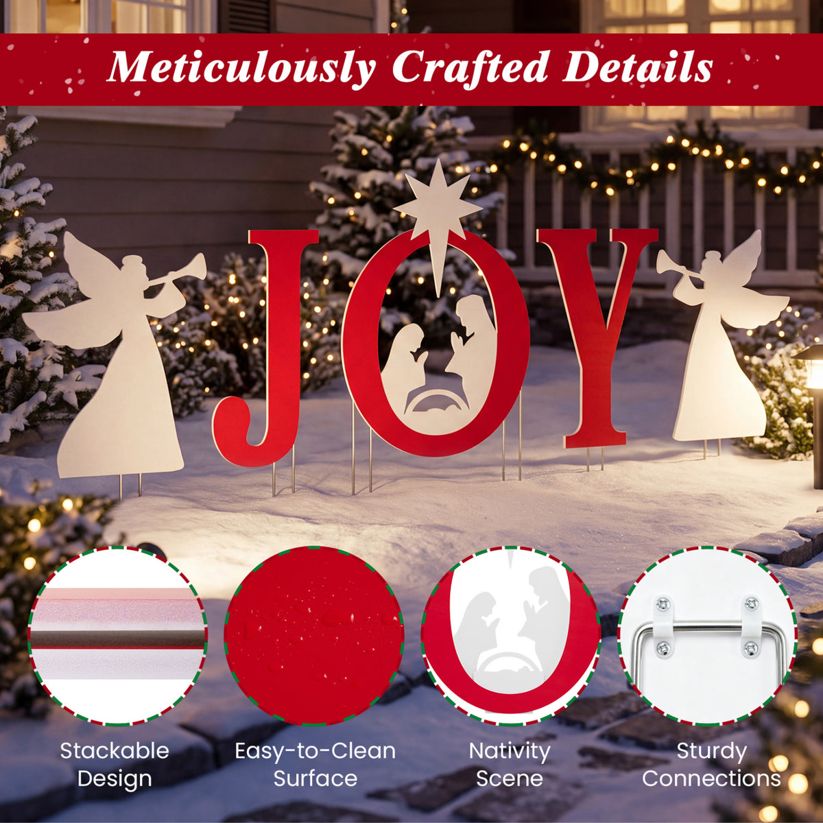 5 PCS Nativity Christmas Yard Sign Set, Angels, Red