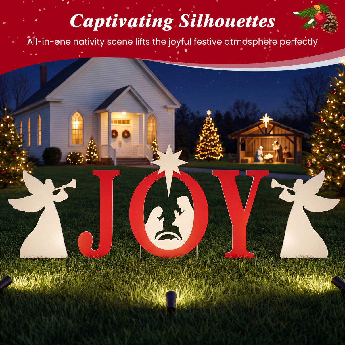 5 PCS Nativity Christmas Yard Sign Set, Angels, Red