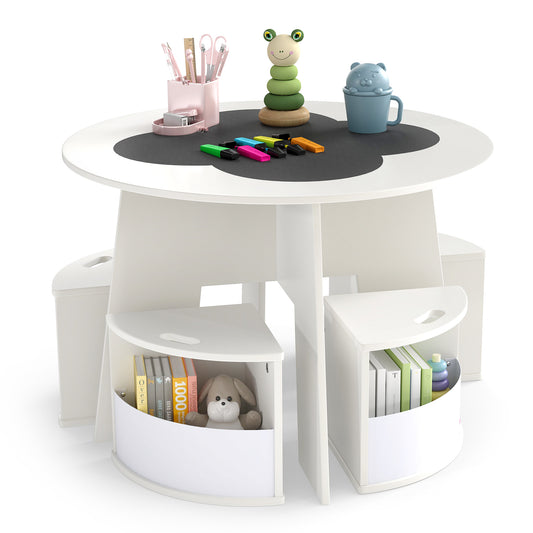 Kids Table And Chair Set, 5 PCS, With Storage Stools, White Kids Table & Chair Sets White at Gallery Canada