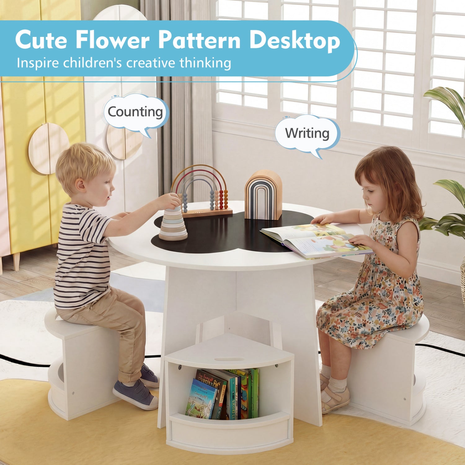 Kids Table And Chair Set, 5 PCS, With Storage Stools, White Kids Table & Chair Sets at Gallery Canada