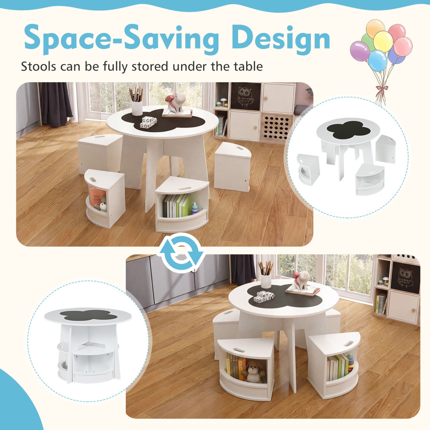 Kids Table And Chair Set, 5 PCS, With Storage Stools, White Kids Table & Chair Sets at Gallery Canada