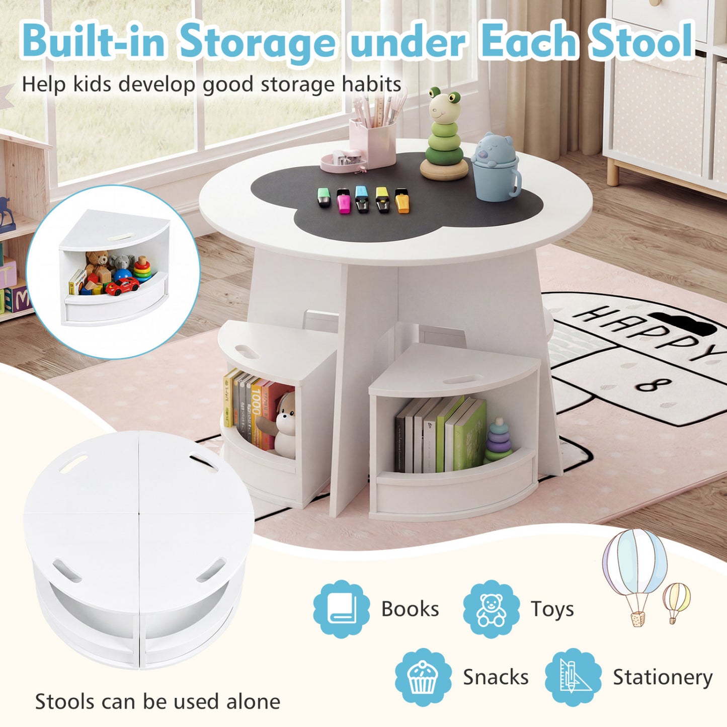 Kids Table And Chair Set, 5 PCS, With Storage Stools, White Kids Table & Chair Sets at Gallery Canada