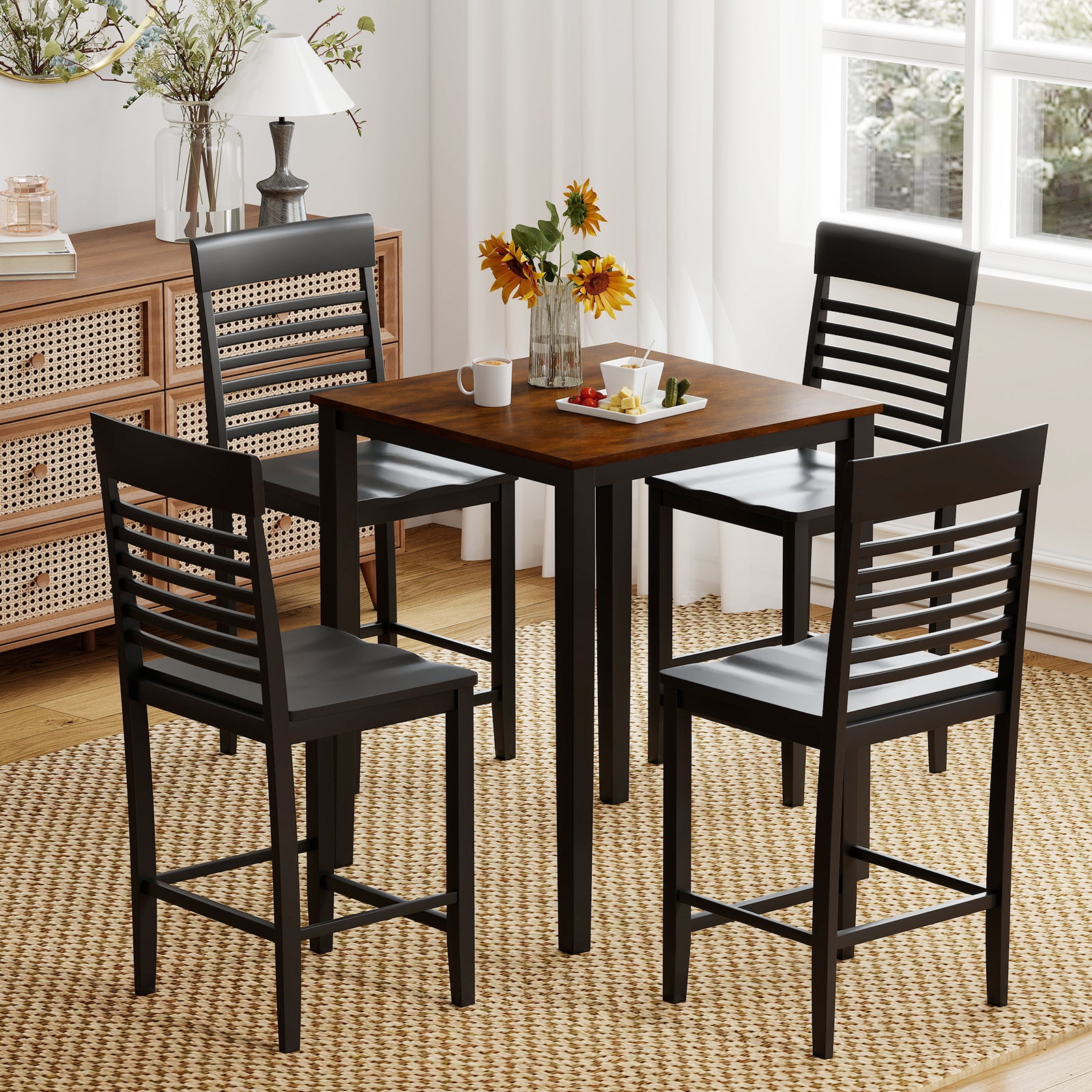 5-Piece Counter-Height Dining Table Set with Rubber Wood Frame and Footrest