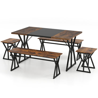 5-Piece Dining Room Set Industrial Rectangular Kitchen Table with 2 Benches and 2 Stools, Rustic Brown Patio Dining Sets at Gallery Canada