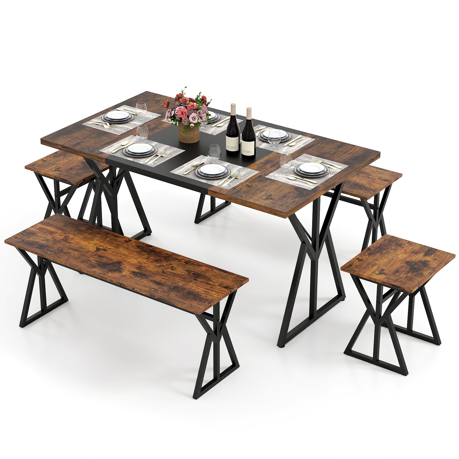 5-Piece Dining Room Set Industrial Rectangular Kitchen Table with 2 Benches and 2 Stools, Rustic Brown Patio Dining Sets Rustic Brown at Gallery Canada
