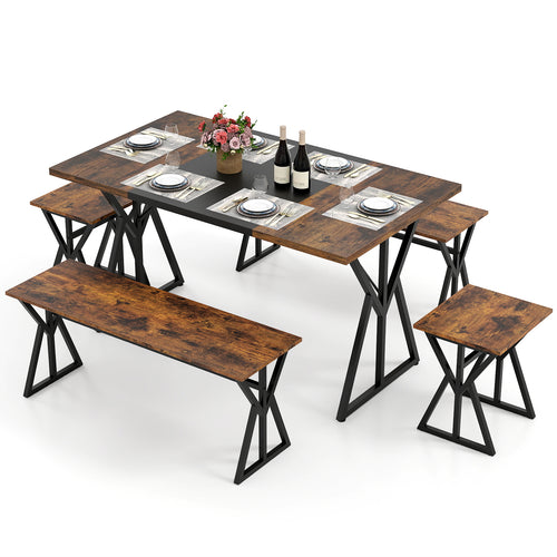 5-Piece Dining Room Set Industrial Rectangular Kitchen Table with 2 Benches and 2 Stools, Rustic Brown