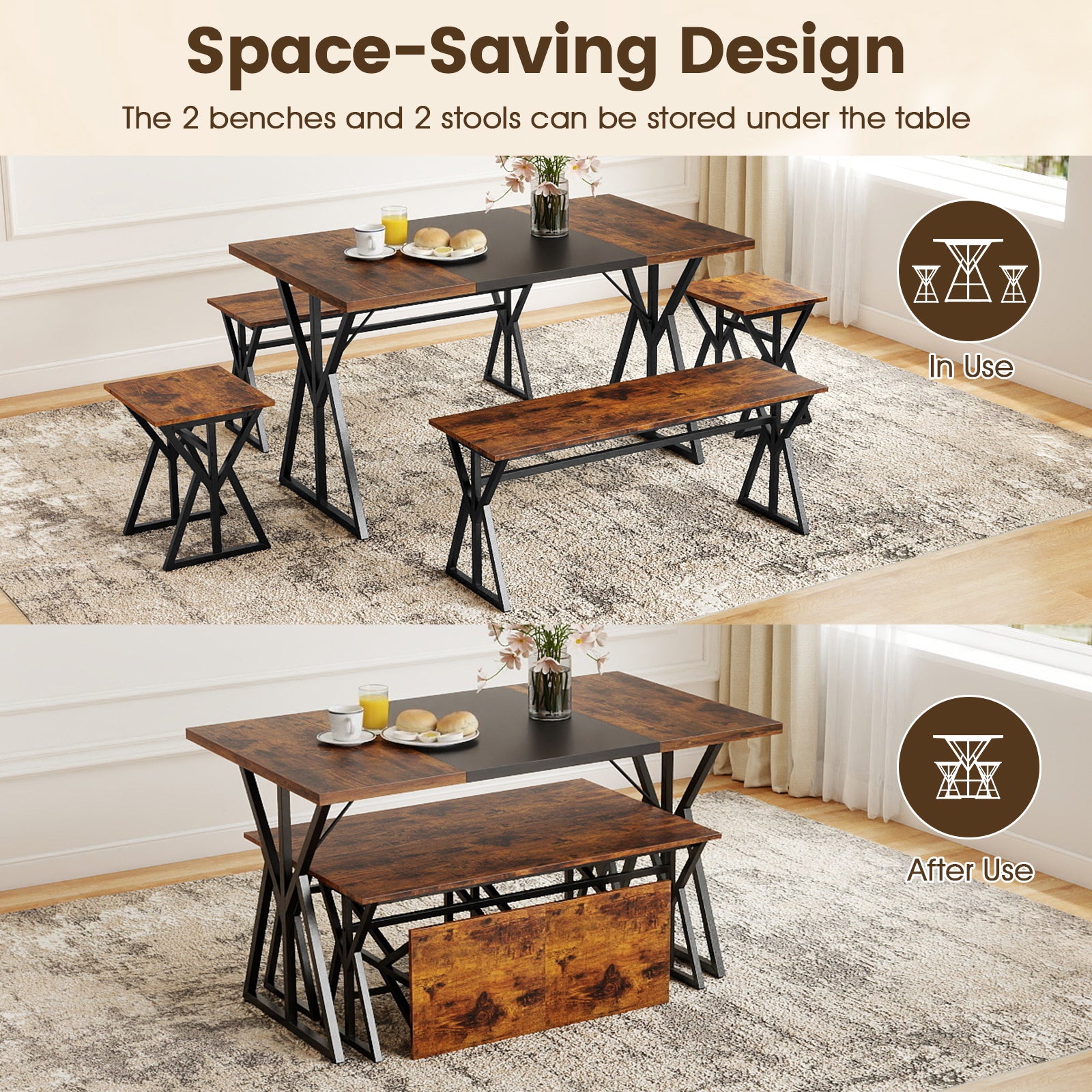 5-Piece Dining Room Set Industrial Rectangular Kitchen Table with 2 Benches and 2 Stools, Rustic Brown Patio Dining Sets at Gallery Canada