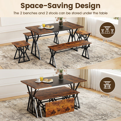 5-Piece Dining Room Set Industrial Rectangular Kitchen Table with 2 Benches and 2 Stools, Rustic Brown Patio Dining Sets at Gallery Canada