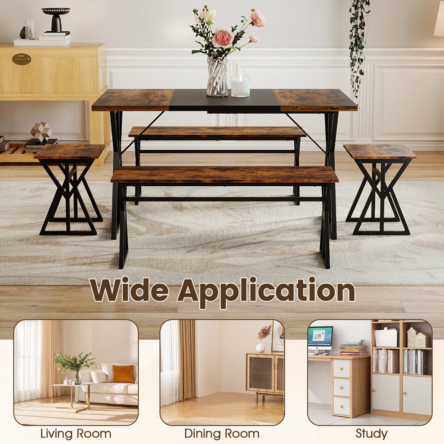 5-Piece Dining Room Set Industrial Rectangular Kitchen Table with 2 Benches and 2 Stools, Rustic Brown Patio Dining Sets at Gallery Canada