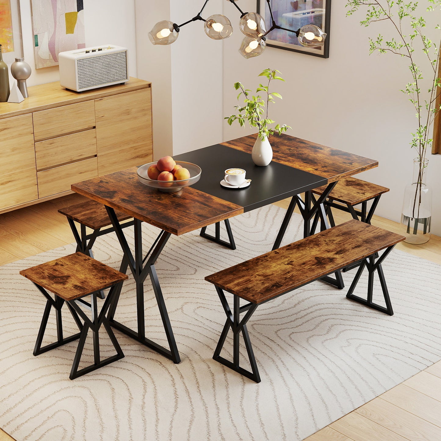 5-Piece Dining Room Set Industrial Rectangular Kitchen Table with 2 Benches and 2 Stools, Rustic Brown Patio Dining Sets at Gallery Canada