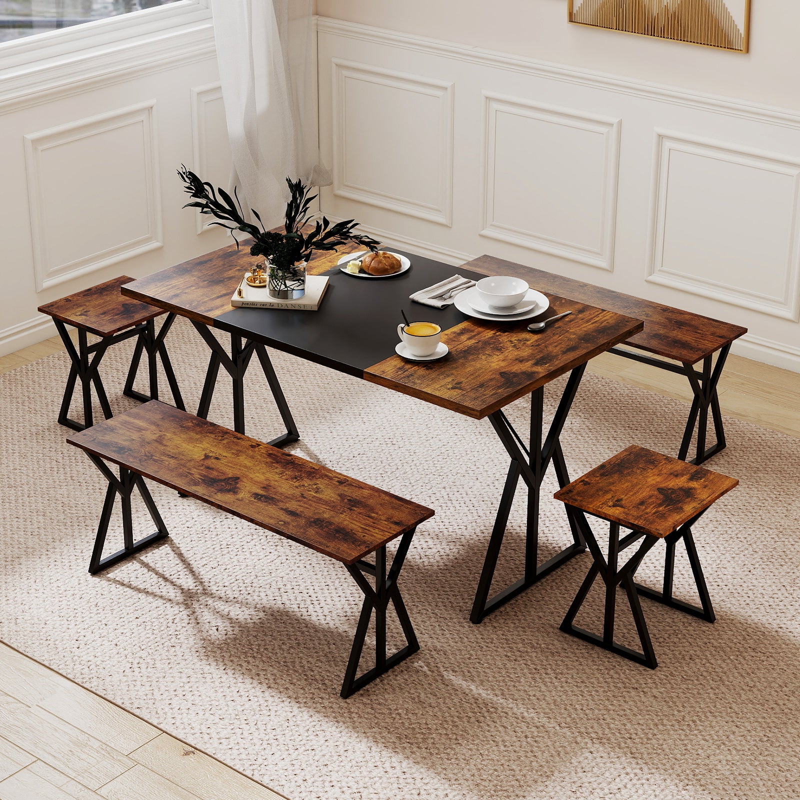 5-Piece Dining Room Set Industrial Rectangular Kitchen Table with 2 Benches and 2 Stools, Rustic Brown Patio Dining Sets at Gallery Canada