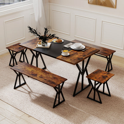 5-Piece Dining Room Set Industrial Rectangular Kitchen Table with 2 Benches and 2 Stools, Rustic Brown Patio Dining Sets at Gallery Canada