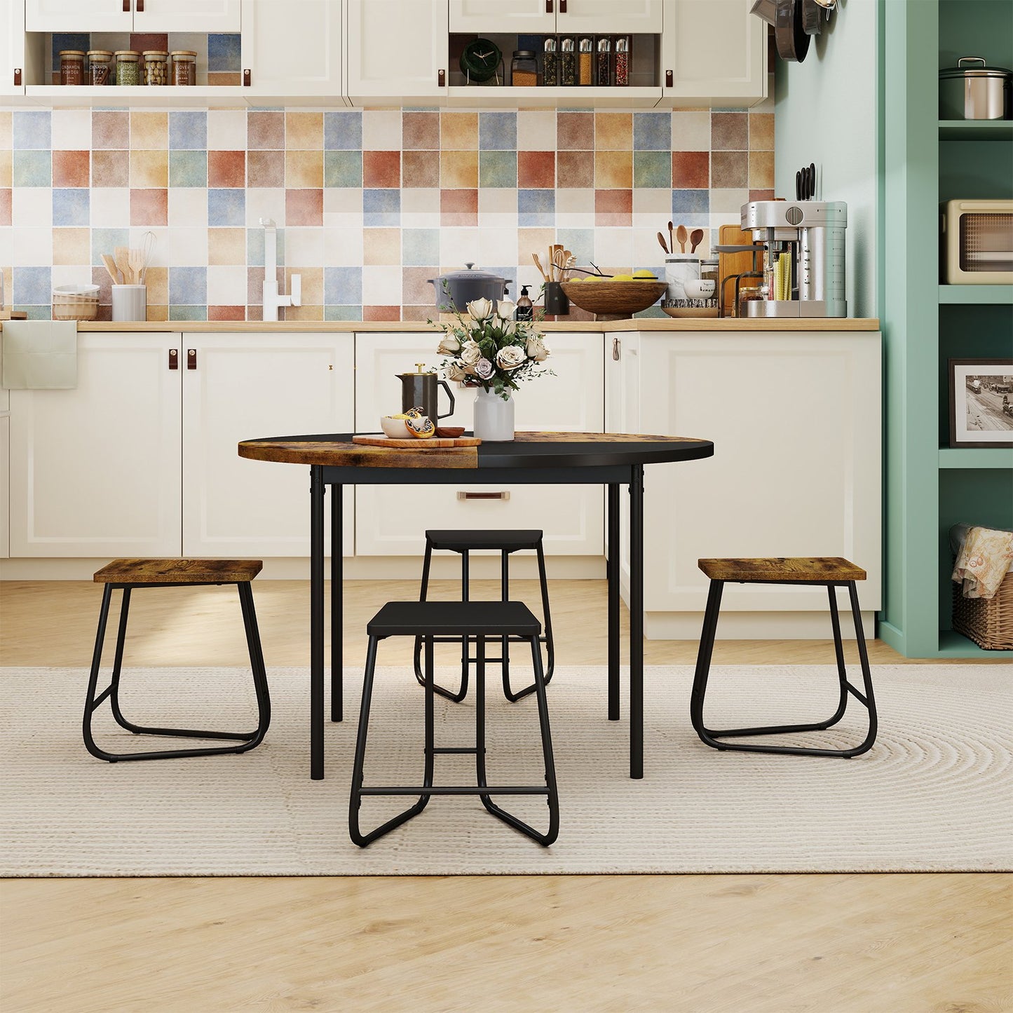 5-Piece Dining Set for 4 47 Inch Round Kitchen Table and 4 Stools, Brown Dining Room Sets at Gallery Canada