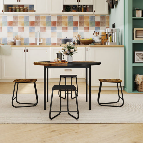 5-Piece Dining Set, 47 Inch Round Kitchen Table, 4 Stools, Brown