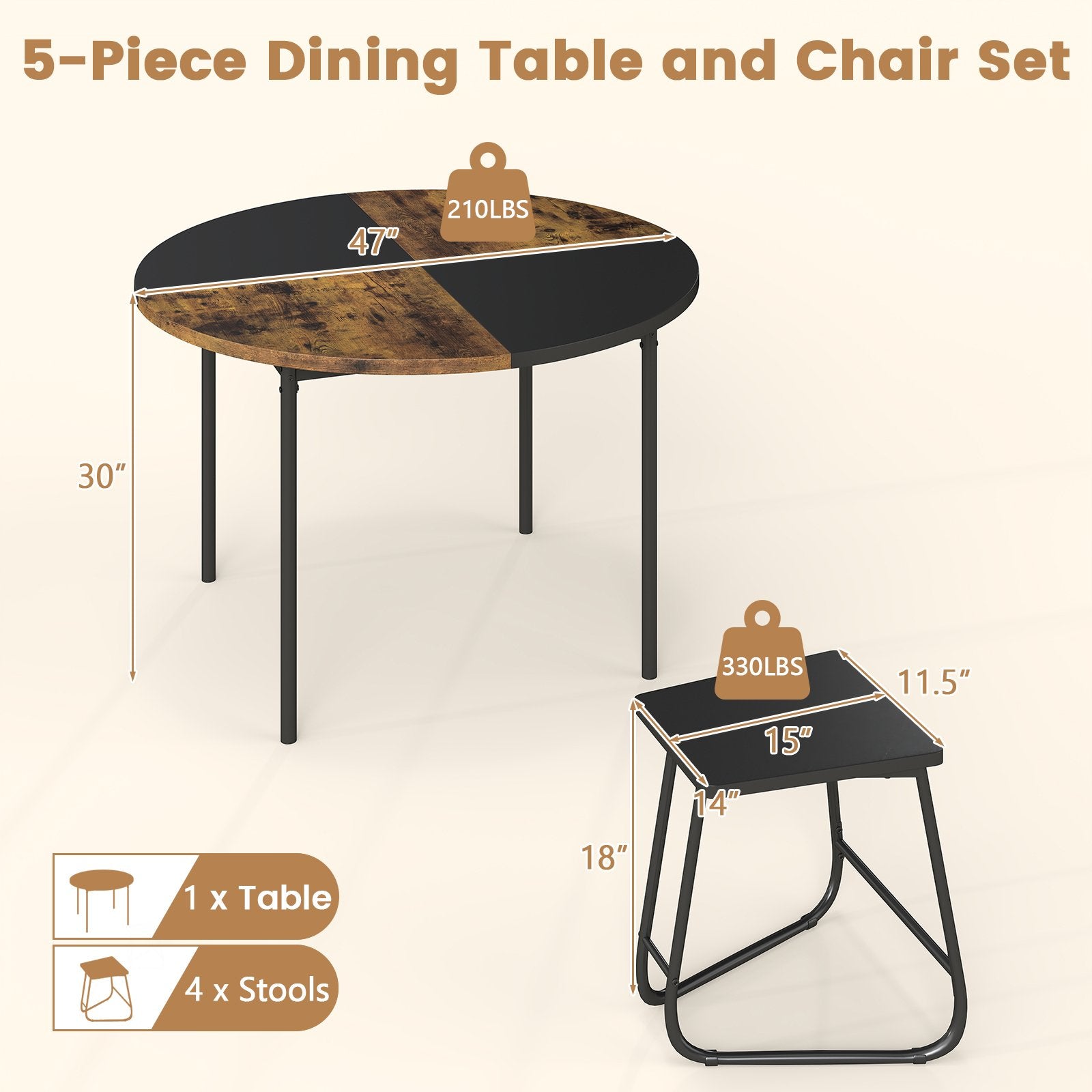 5-Piece Dining Set for 4 47 Inch Round Kitchen Table and 4 Stools, Brown Dining Room Sets at Gallery Canada