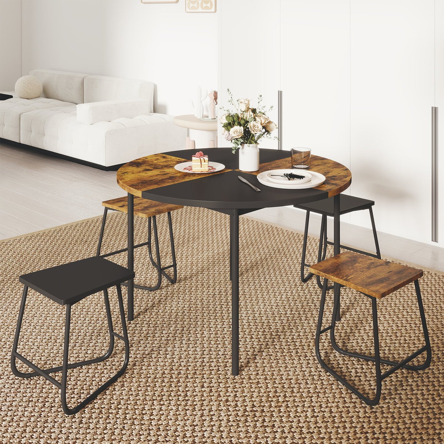 5-Piece Dining Set for 4 47 Inch Round Kitchen Table and 4 Stools, Brown Dining Room Sets at Gallery Canada