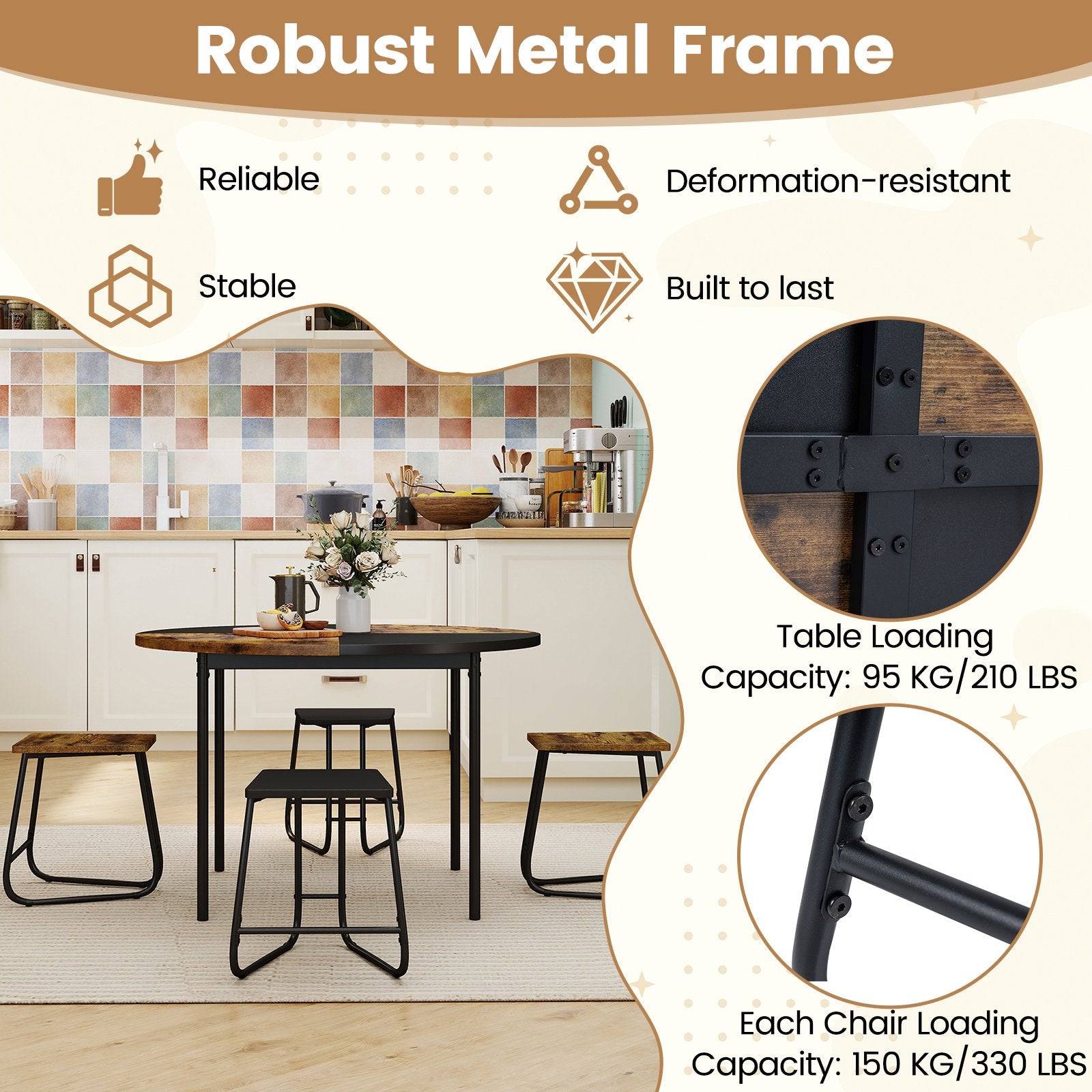 5-Piece Dining Set for 4 47 Inch Round Kitchen Table and 4 Stools, Brown Dining Room Sets at Gallery Canada