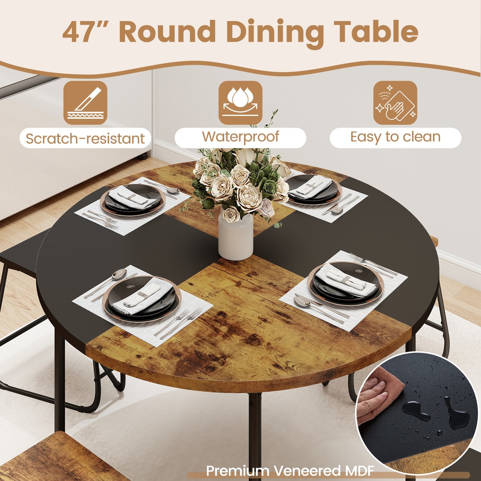 5-Piece Dining Set for 4 47 Inch Round Kitchen Table and 4 Stools, Brown Dining Room Sets at Gallery Canada