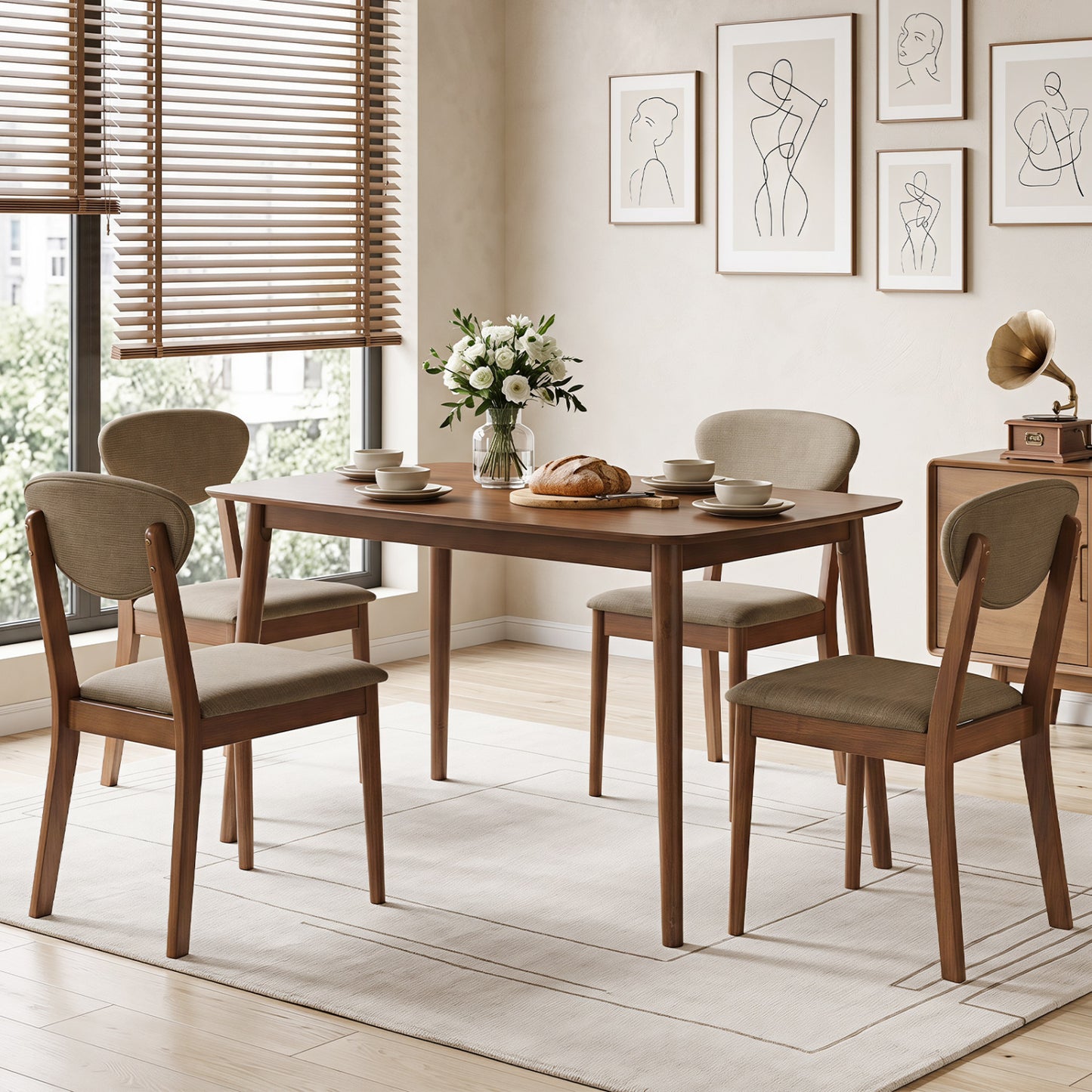 Ensemble de salle à manger de 5 pièces, table rectangulaire, chaises en tissu, beige