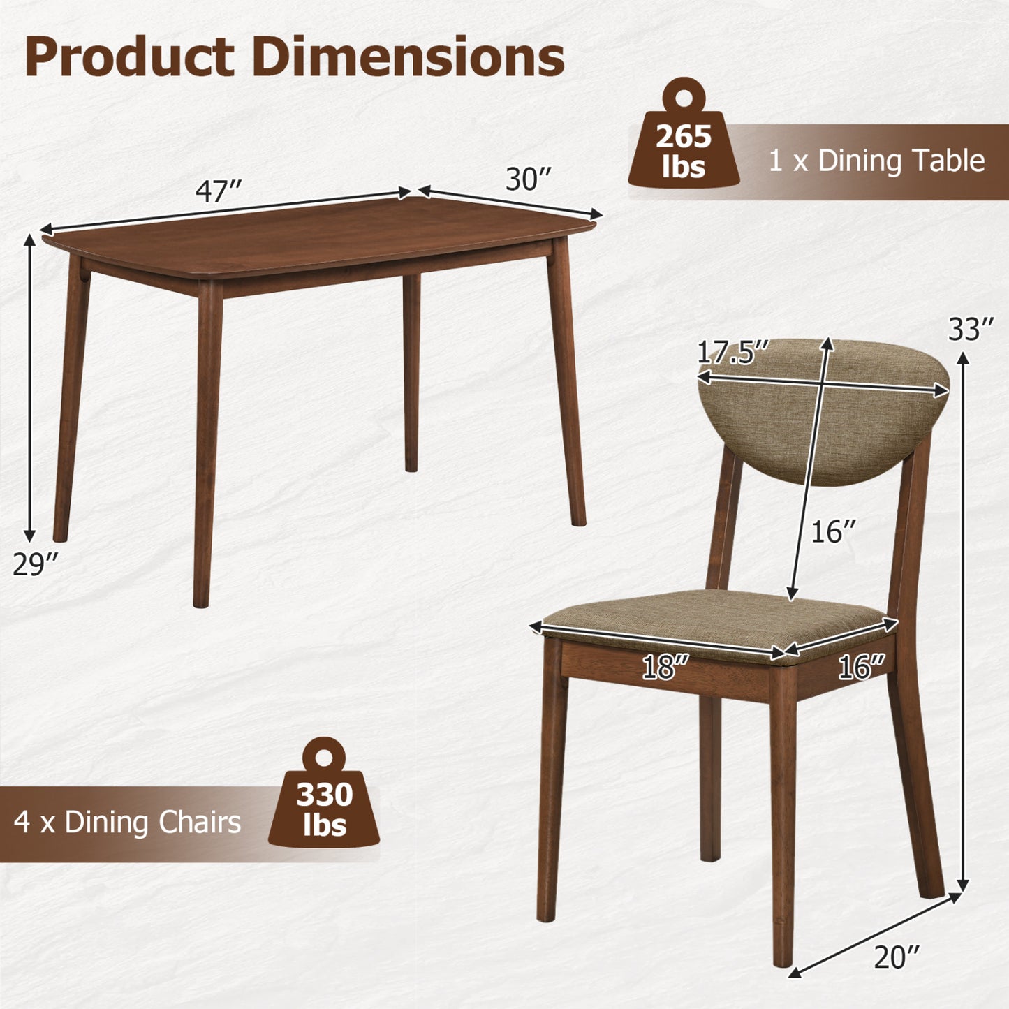 Ensemble de salle à manger de 5 pièces, table rectangulaire, chaises en tissu, beige