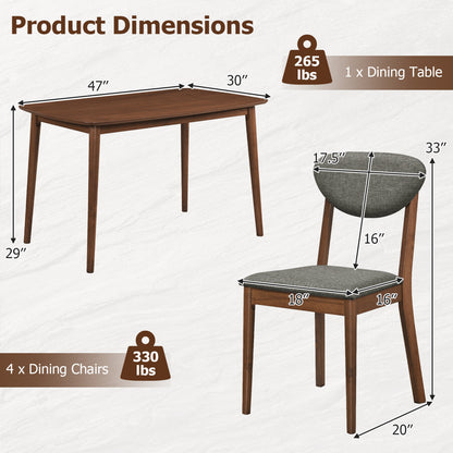 5-Piece Dining Set for 4, Rectangular Table, Fabric Chairs, Gray