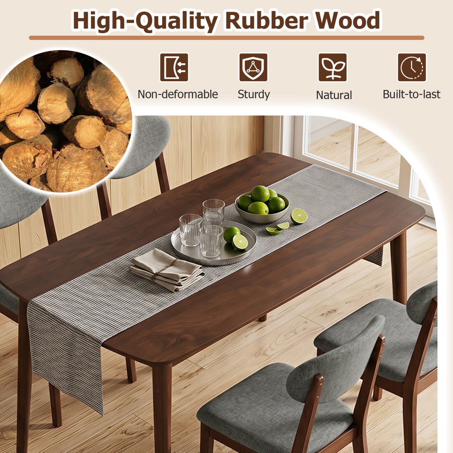 5-Piece Dining Set for 4, Rectangular Table, Fabric Chairs, Gray