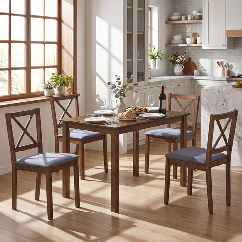 5-Piece Dining Set, Rectangular Table, Fabric Chairs, Gray