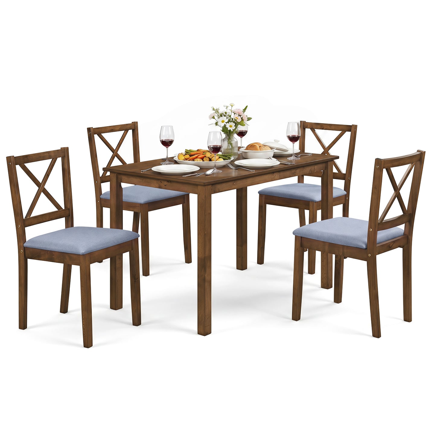 5-Piece Dining Set, Rectangular Table, Fabric Chairs, Gray