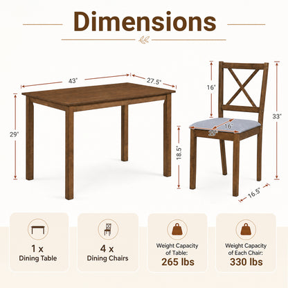 5-Piece Dining Set, Rectangular Table, Fabric Chairs, Gray