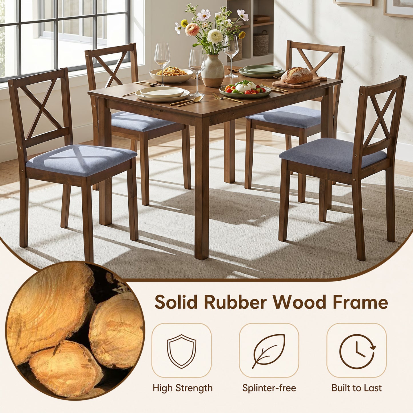 5-Piece Dining Set, Rectangular Table, Fabric Chairs, Gray