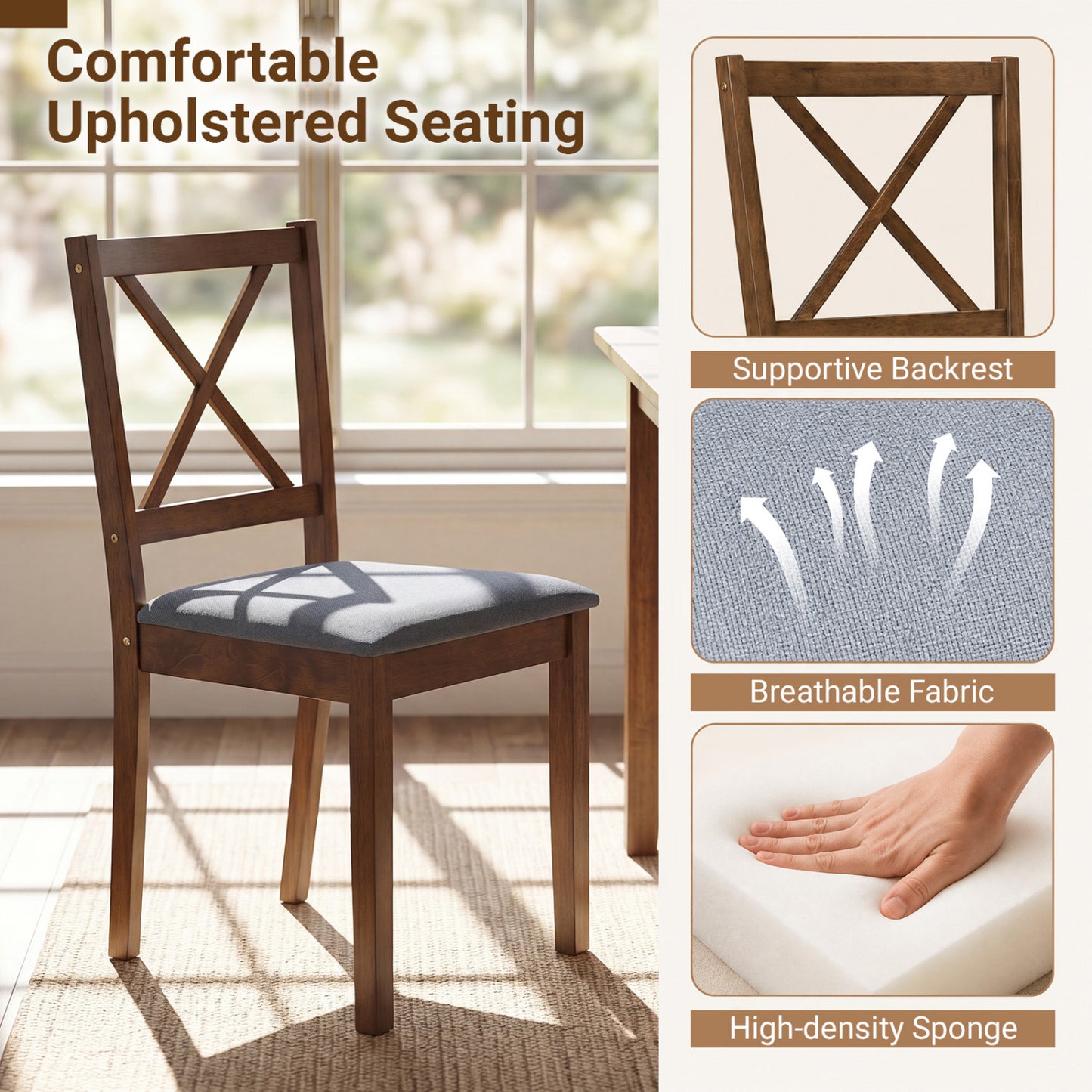 5-Piece Dining Set, Rectangular Table, Fabric Chairs, Gray