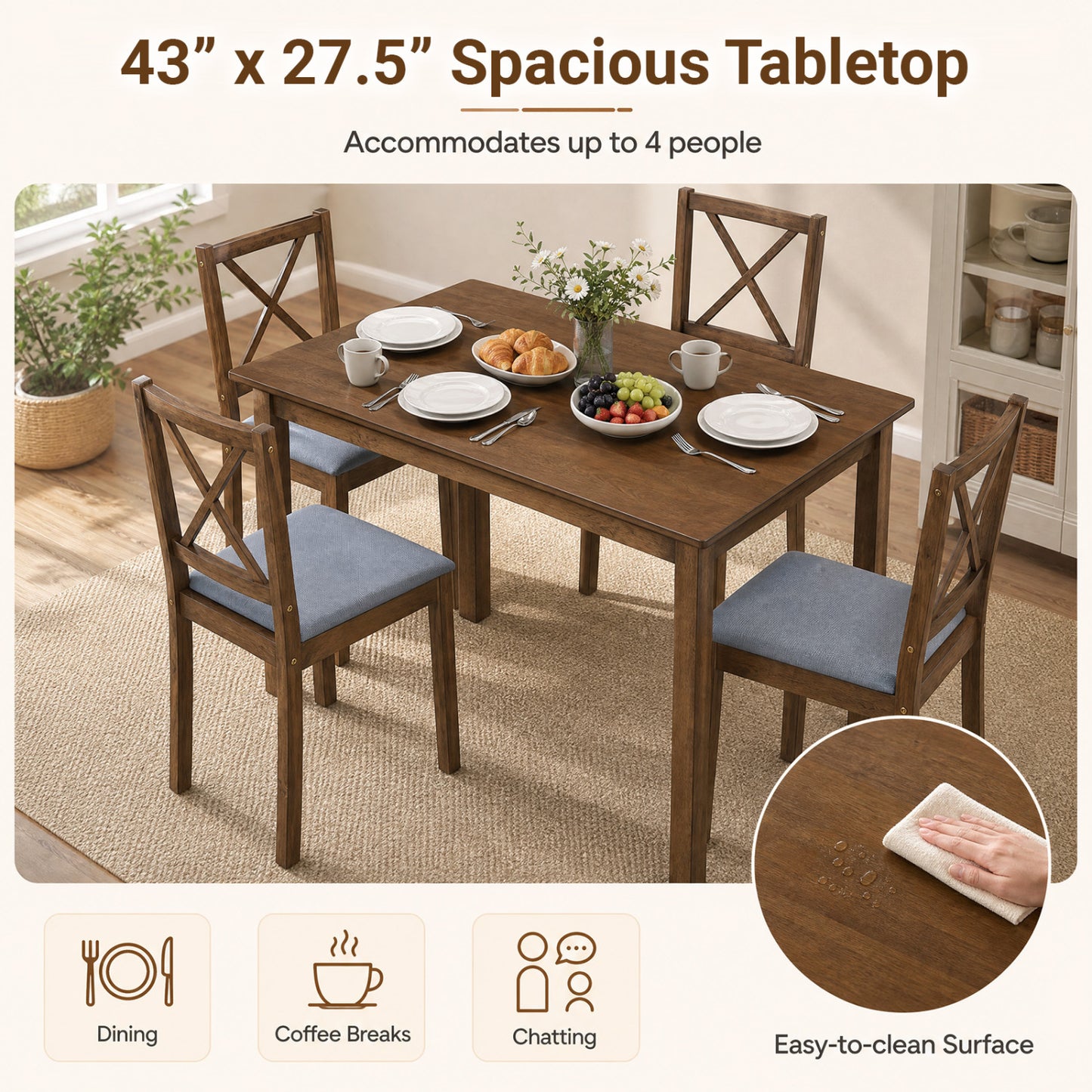 5-Piece Dining Set, Rectangular Table, Fabric Chairs, Gray