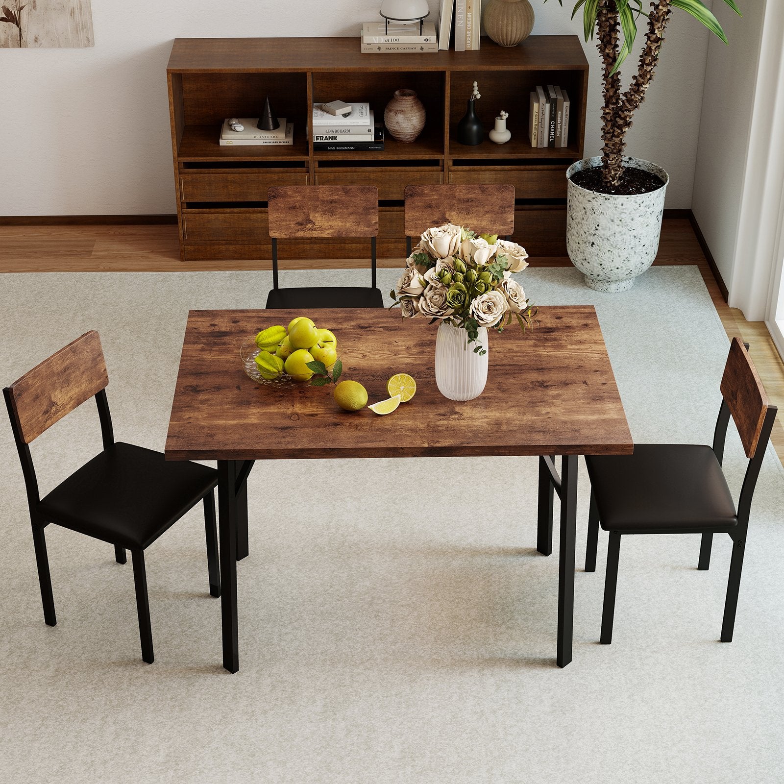 5-Piece Dining Table Set for 4 People Industrial Kitchen Table and 4 PU Leather Chairs, Brown Dining Room Sets at Gallery Canada