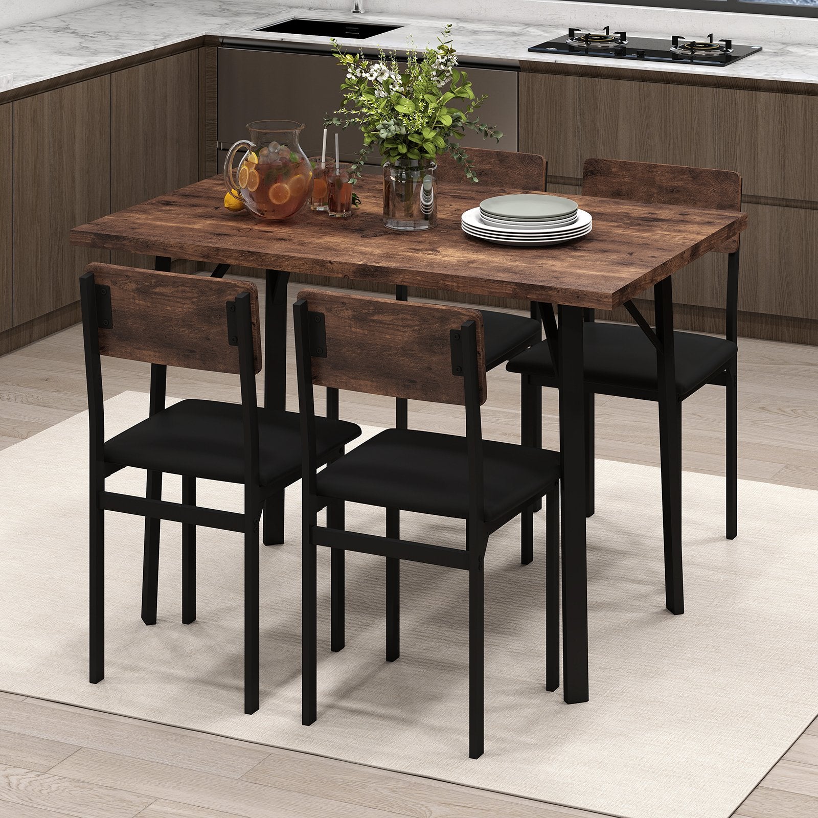 5-Piece Dining Table Set for 4 People Industrial Kitchen Table and 4 PU Leather Chairs, Brown Dining Room Sets at Gallery Canada