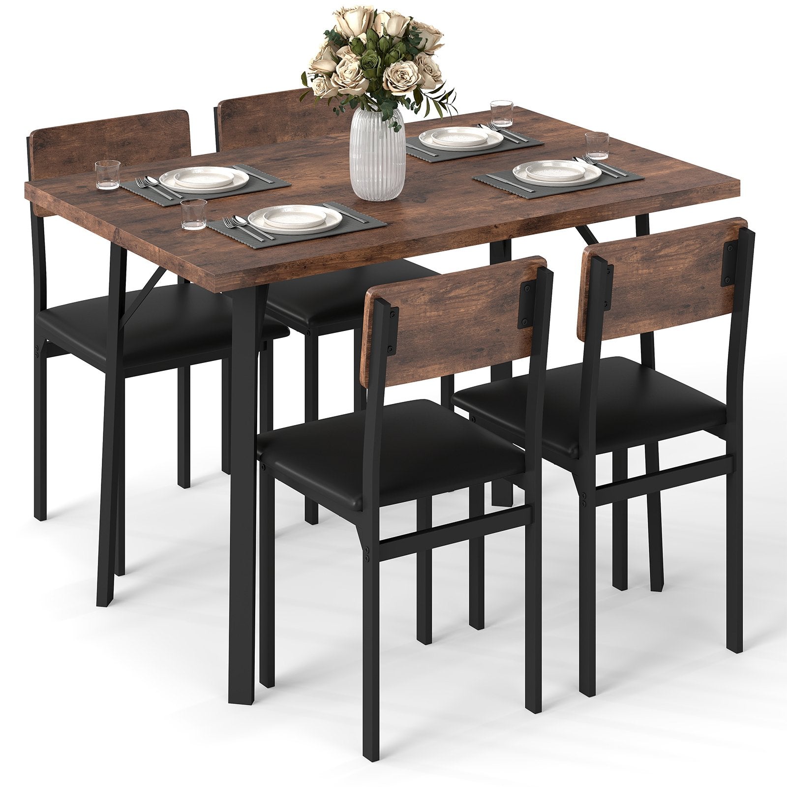 5-Piece Dining Table Set for 4 People Industrial Kitchen Table and 4 PU Leather Chairs, Brown Dining Room Sets at Gallery Canada