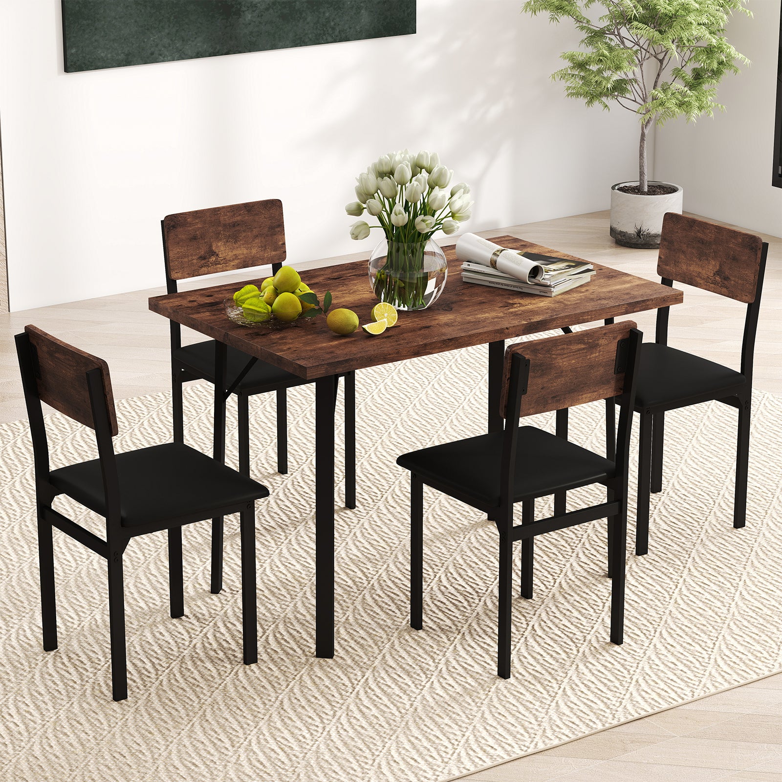 5-Piece Dining Table Set for 4 People Industrial Kitchen Table and 4 PU Leather Chairs, Brown Dining Room Sets at Gallery Canada