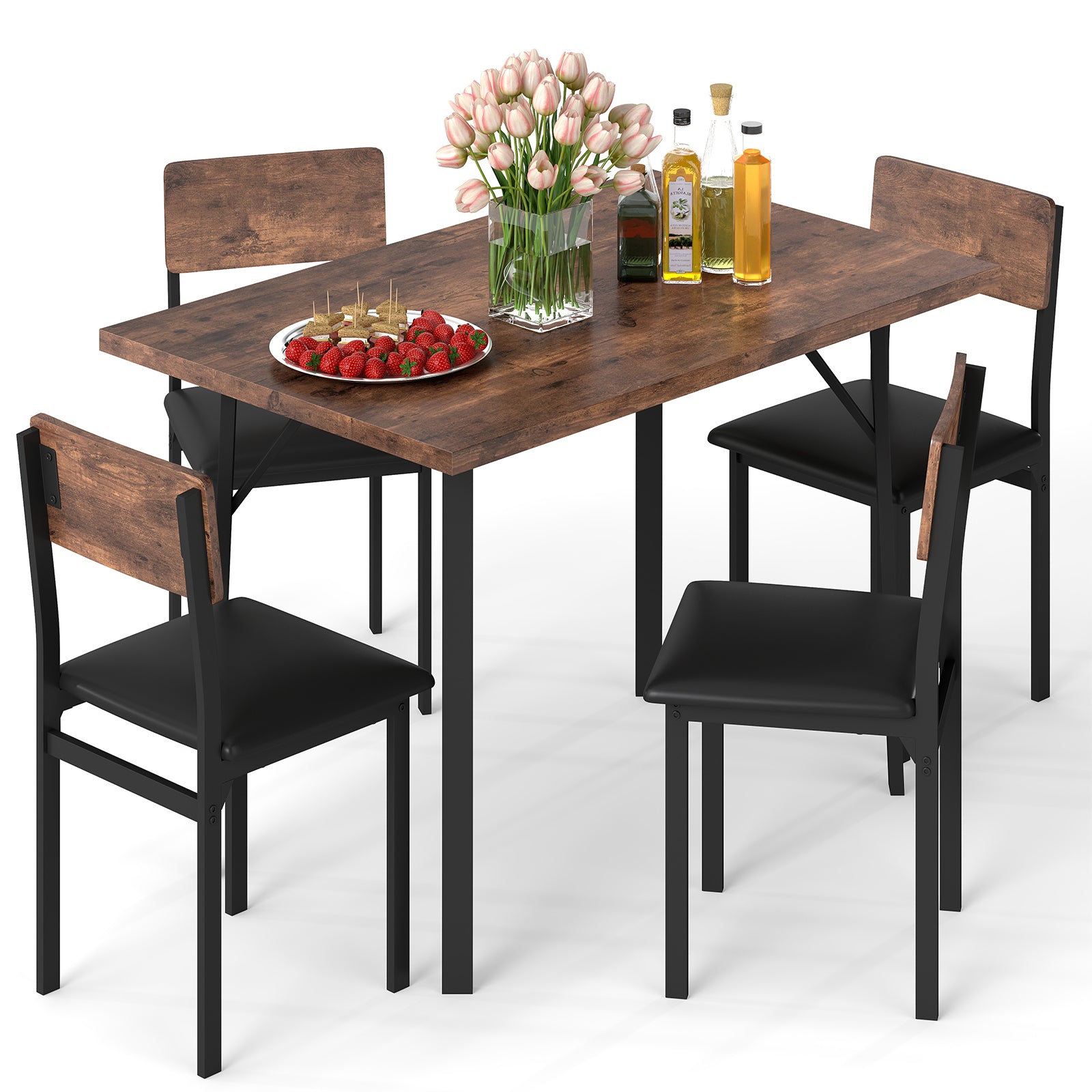 5-Piece Dining Table Set for 4 People Industrial Kitchen Table and 4 PU Leather Chairs, Brown Dining Room Sets at Gallery Canada