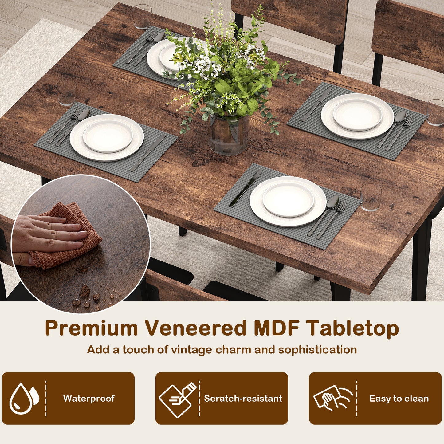 5-Piece Dining Table Set for 4 People Industrial Kitchen Table and 4 PU Leather Chairs, Brown Dining Room Sets at Gallery Canada