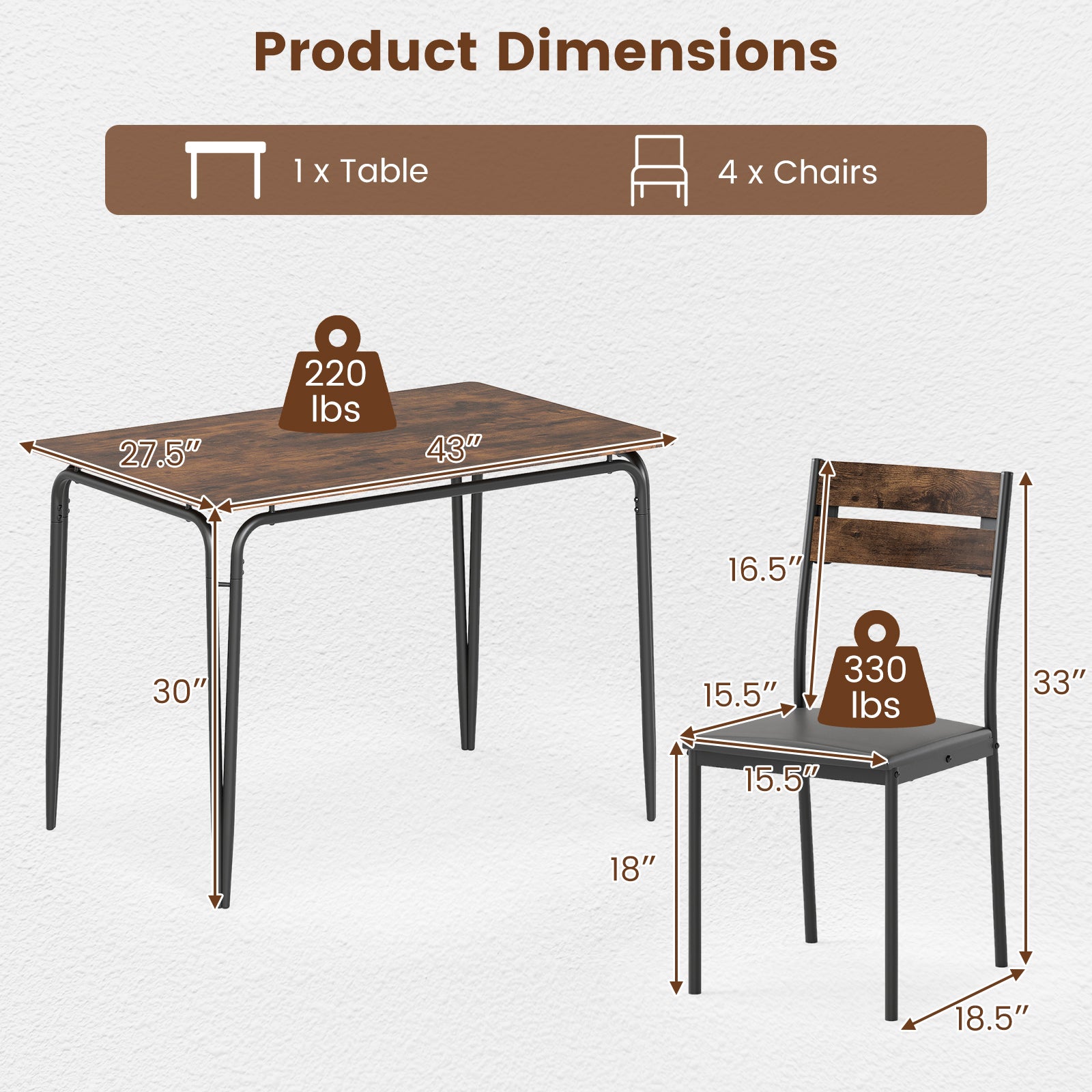 5-Piece Dining Table Set, Rectangular Kitchen Table, 4 Armless Chairs, Brown Dining Room Sets at Gallery Canada