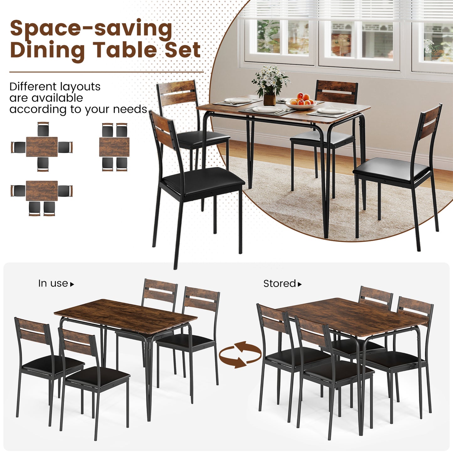 5-Piece Dining Table Set, Rectangular Kitchen Table, 4 Armless Chairs, Brown Dining Room Sets at Gallery Canada