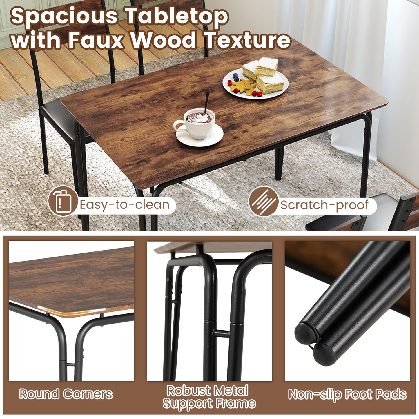 5-Piece Dining Table Set, Rectangular Kitchen Table, 4 Armless Chairs, Brown Dining Room Sets at Gallery Canada