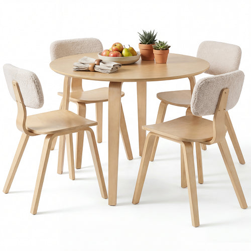 5 Piece Dining Set, 4 Padded Chairs, Rubber Wood Table, Natural