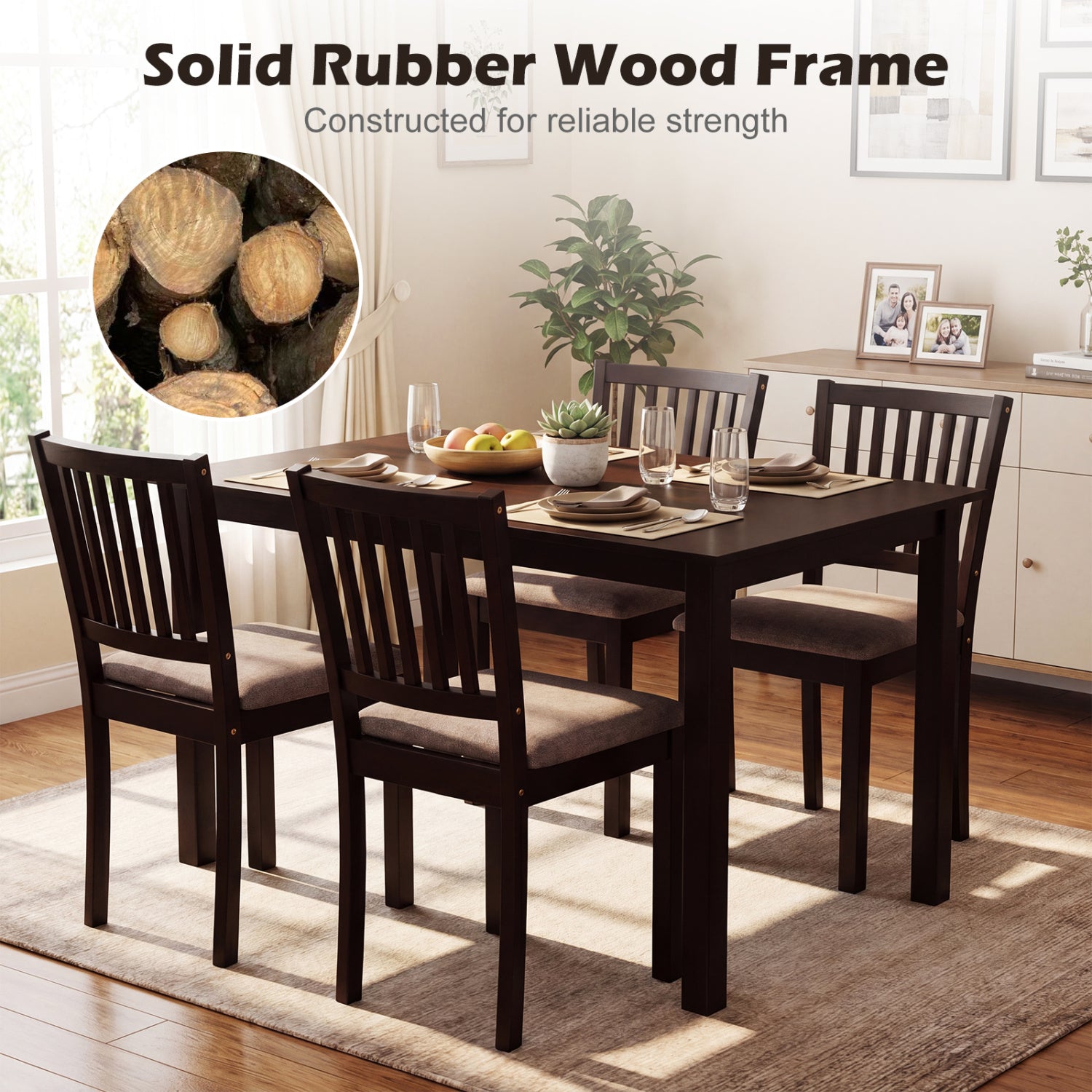 5-Piece Dining Set, Rectangular Table, 4 Upholstered Chairs, Dark Brown Dining Room Sets at Gallery Canada