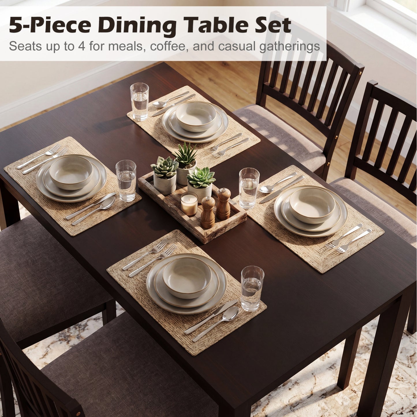 5-Piece Dining Set, Rectangular Table, 4 Upholstered Chairs, Dark Brown Dining Room Sets at Gallery Canada