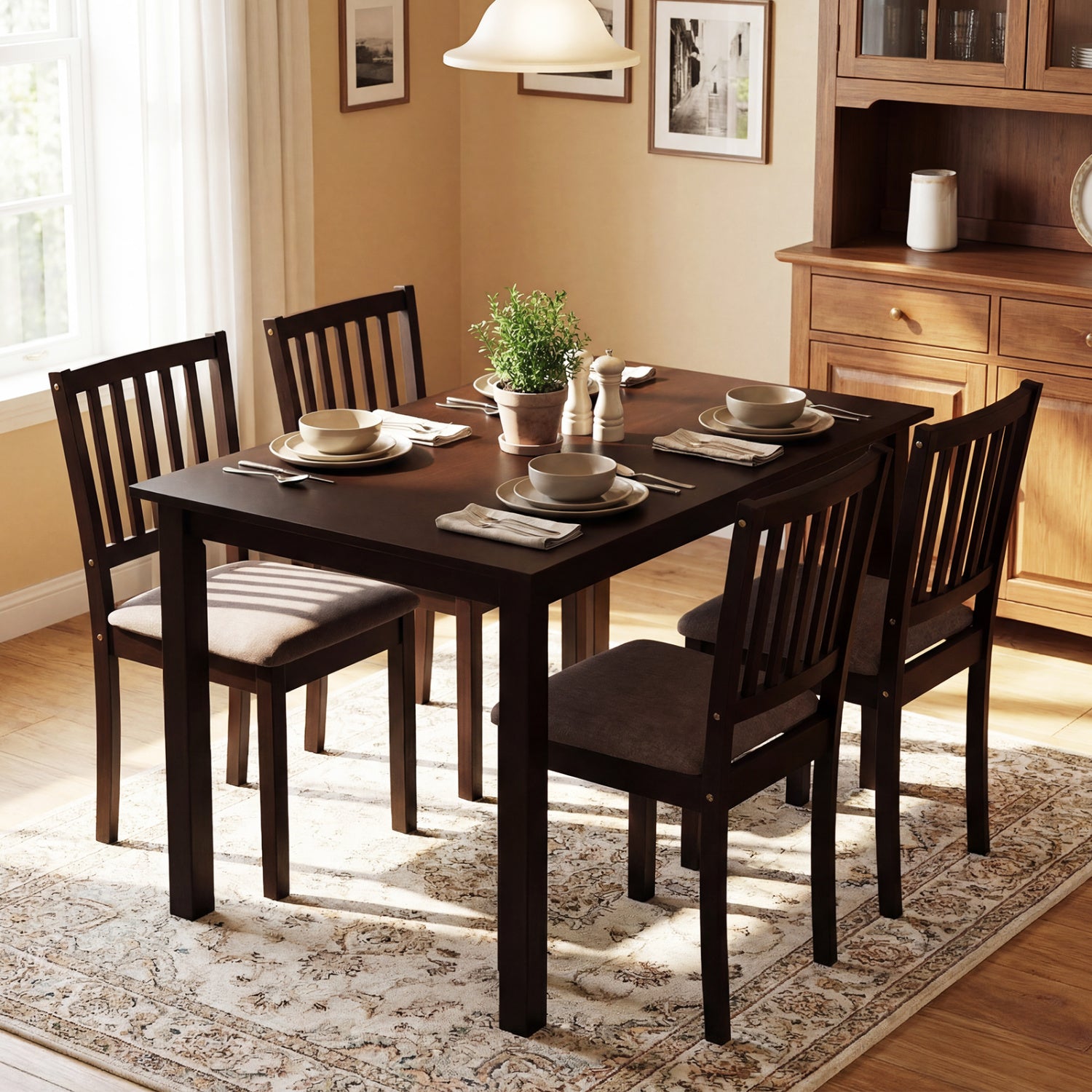 5-Piece Dining Set, Rectangular Table, 4 Upholstered Chairs, Dark Brown Dining Room Sets at Gallery Canada