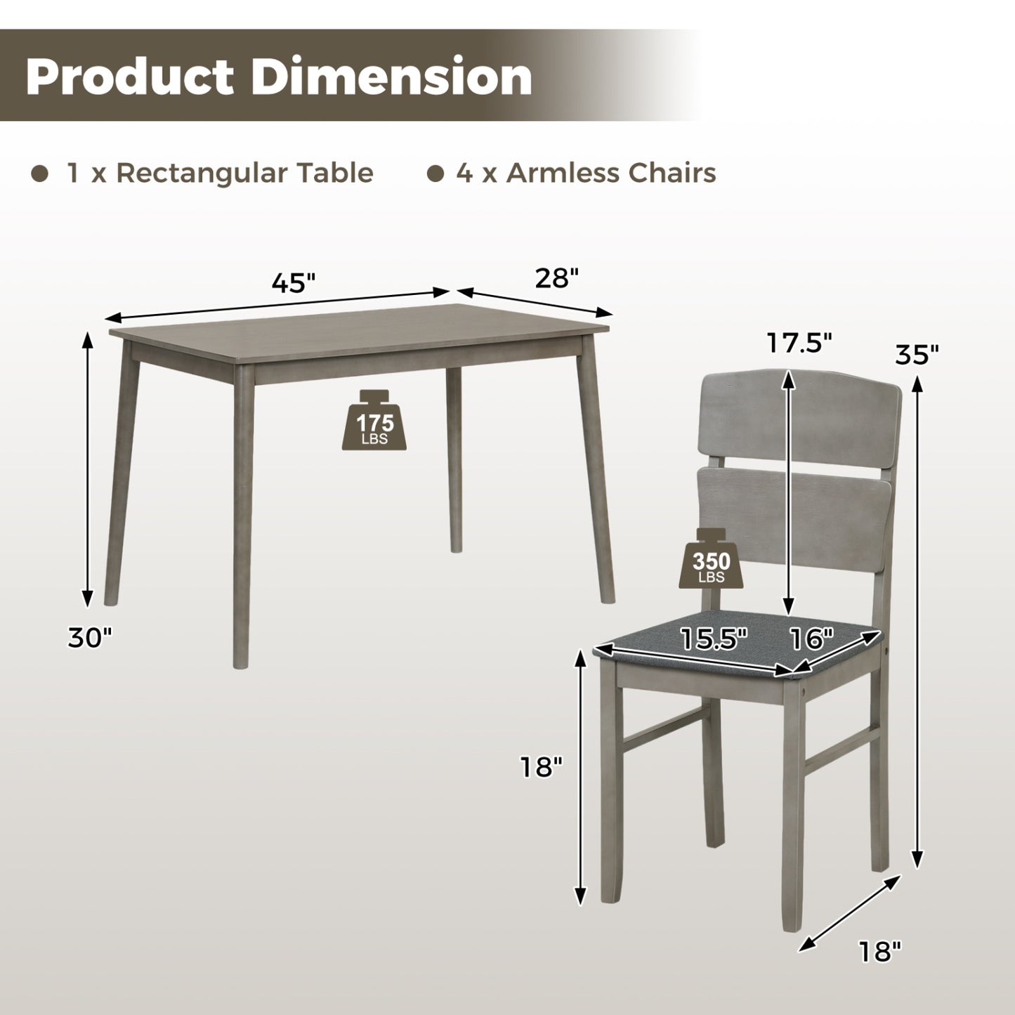 5-Piece Dining Table Set with High Curved Back for 4 People, Gray Dining Room Sets at Gallery Canada