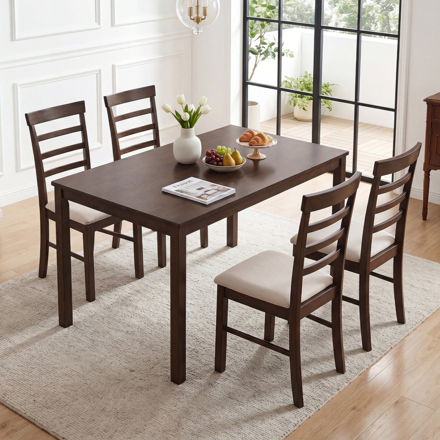 5-Piece Dining Table Set with 4 Upholstered Chairs, Brown