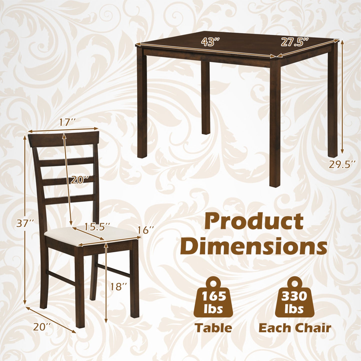 5-Piece Dining Table Set with 4 Upholstered Chairs, Brown