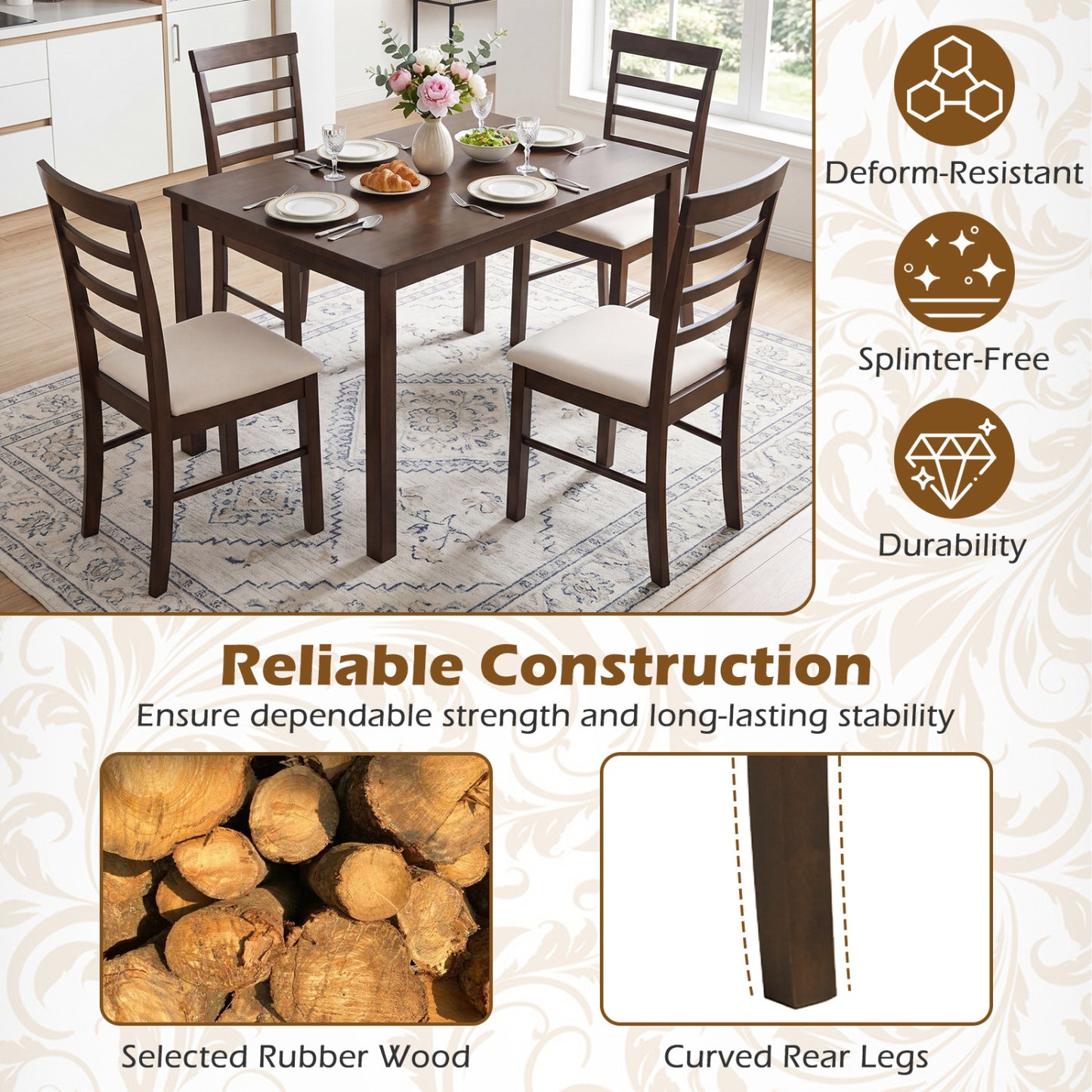 5-Piece Dining Table Set with 4 Upholstered Chairs, Brown