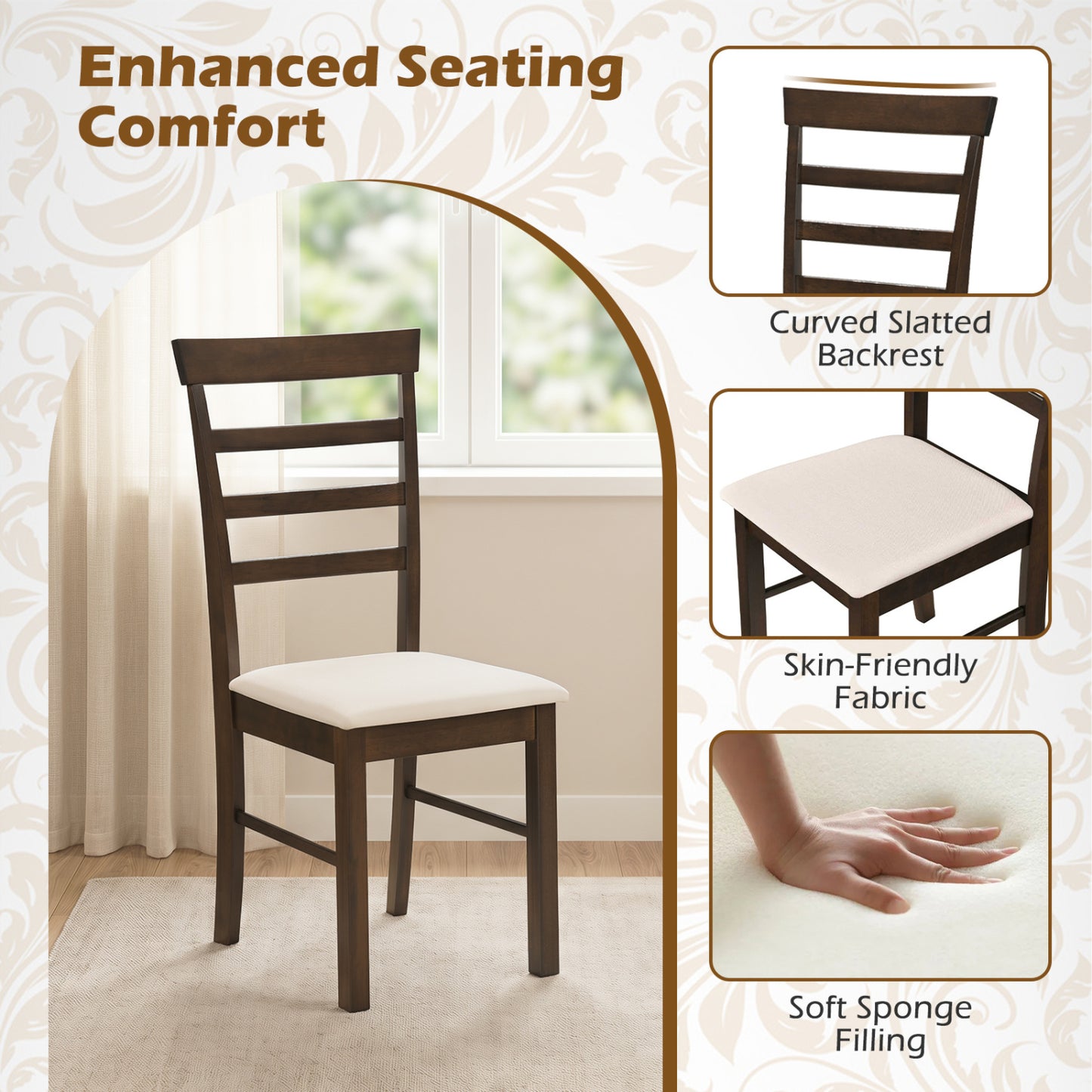 5-Piece Dining Table Set with 4 Upholstered Chairs, Brown